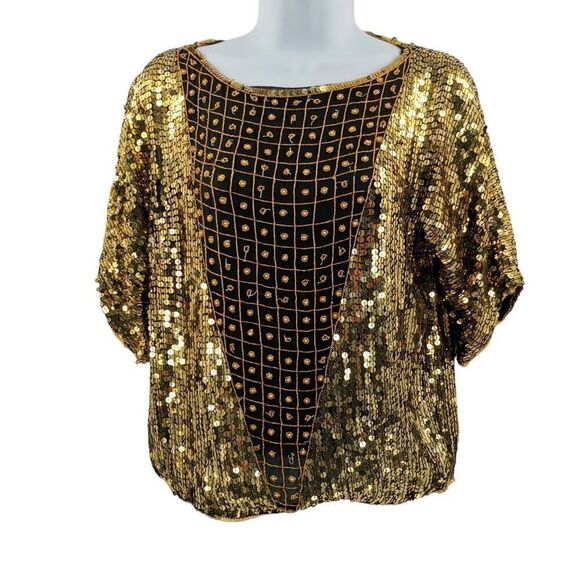Vintage Black Silk Top Hand Embellished in Gold Beads/Sequins | Tag Size Small - Picture 1 of 3